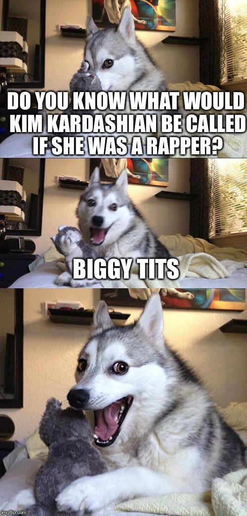 Bad Pun Dog Meme | DO YOU KNOW WHAT WOULD KIM KARDASHIAN BE CALLED IF SHE WAS A RAPPER? BIGGY TITS | image tagged in memes,bad pun dog,kim kardashian,rapper,dogs | made w/ Imgflip meme maker