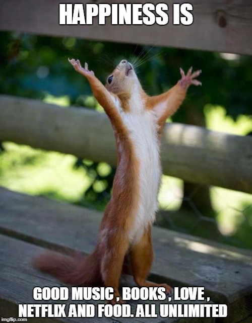 Happy Squirrel | HAPPINESS IS; GOOD MUSIC , BOOKS , LOVE , NETFLIX AND FOOD. ALL UNLIMITED | image tagged in happy squirrel | made w/ Imgflip meme maker