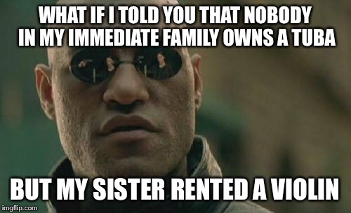 Matrix Morpheus Meme | WHAT IF I TOLD YOU THAT NOBODY IN MY IMMEDIATE FAMILY OWNS A TUBA BUT MY SISTER RENTED A VIOLIN | image tagged in memes,matrix morpheus | made w/ Imgflip meme maker