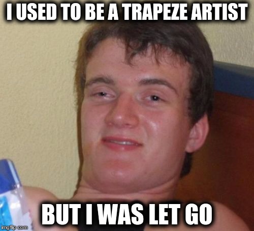 10 Guy | I USED TO BE A TRAPEZE ARTIST; BUT I WAS LET GO | image tagged in memes,10 guy | made w/ Imgflip meme maker