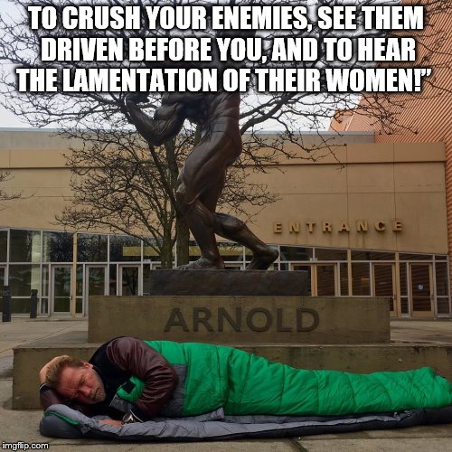 TO CRUSH YOUR ENEMIES, SEE THEM DRIVEN BEFORE YOU, AND TO HEAR THE LAMENTATION OF THEIR WOMEN!” | image tagged in arnold schwarzenegger | made w/ Imgflip meme maker