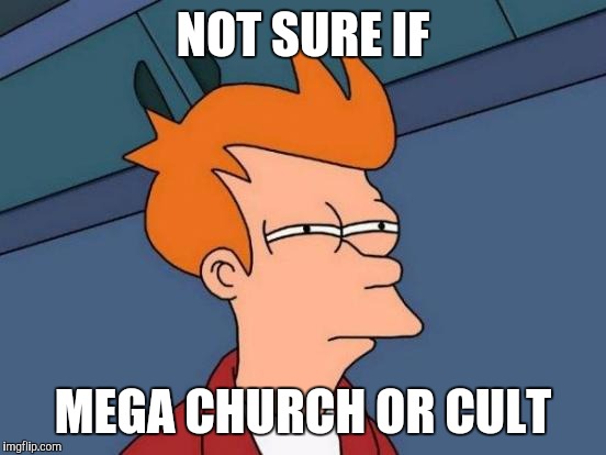 Futurama Fry | NOT SURE IF; MEGA CHURCH OR CULT | image tagged in memes,futurama fry | made w/ Imgflip meme maker