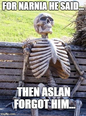 Waiting Skeleton | FOR NARNIA HE SAID... THEN ASLAN FORGOT HIM... | image tagged in memes,waiting skeleton | made w/ Imgflip meme maker