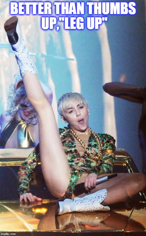 Miley Cyrus' singing vagina | BETTER THAN THUMBS UP,"LEG UP" | image tagged in miley cyrus' singing vagina | made w/ Imgflip meme maker