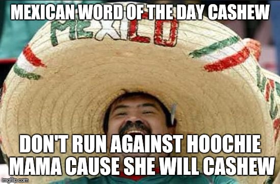 mexican word of the day | MEXICAN WORD OF THE DAY CASHEW; DON'T RUN AGAINST HOOCHIE MAMA CAUSE SHE WILL CASHEW | image tagged in mexican word of the day | made w/ Imgflip meme maker