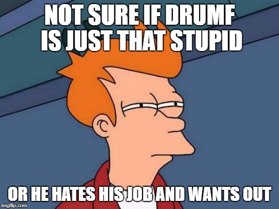 Futurama Fry Meme | NOT SURE IF DRUMF IS JUST THAT STUPID OR HE HATES HIS JOB AND WANTS OUT | image tagged in memes,futurama fry | made w/ Imgflip meme maker