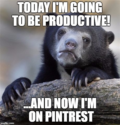 Confession Bear Meme | TODAY I'M GOING TO BE PRODUCTIVE! ...AND NOW I'M ON PINTREST | image tagged in memes,confession bear | made w/ Imgflip meme maker