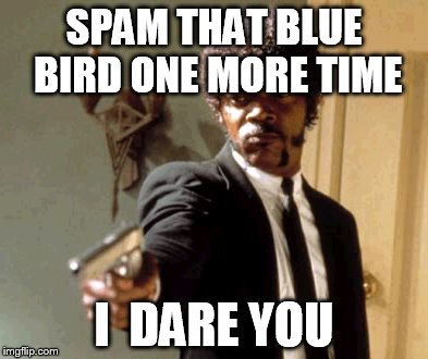 Say That Again I Dare You | SPAM THAT BLUE BIRD ONE MORE TIME; I  DARE YOU | image tagged in memes,say that again i dare you | made w/ Imgflip meme maker