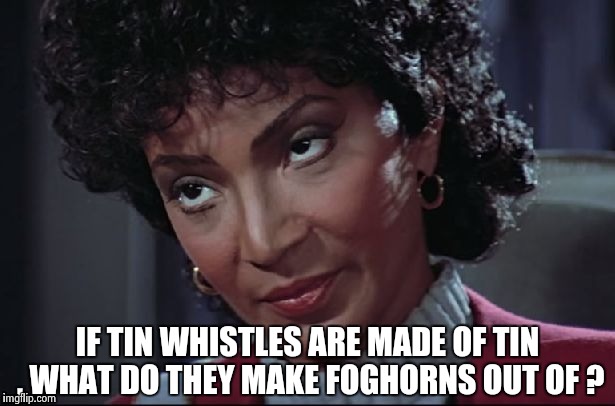 Uhura not amused | IF TIN WHISTLES ARE MADE OF TIN , WHAT DO THEY MAKE FOGHORNS OUT OF ? | image tagged in uhura not amused | made w/ Imgflip meme maker