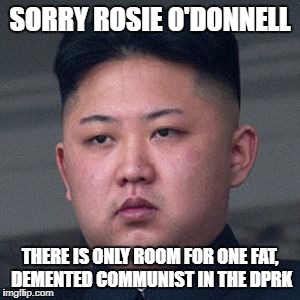 SORRY ROSIE O'DONNELL; THERE IS ONLY ROOM FOR ONE FAT, DEMENTED COMMUNIST IN THE DPRK | image tagged in kim jong un,north korea,rosie o'donnell,libtards | made w/ Imgflip meme maker