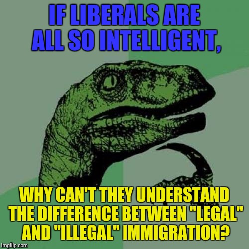 Philosoraptor Meme | IF LIBERALS ARE ALL SO INTELLIGENT, WHY CAN'T THEY UNDERSTAND THE DIFFERENCE BETWEEN "LEGAL" AND "ILLEGAL" IMMIGRATION? | image tagged in memes,philosoraptor | made w/ Imgflip meme maker