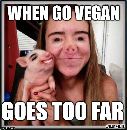 When go vegan goes too far! | WHEN GO VEGAN; GOES TOO FAR; #VEGAN4LIFE | image tagged in pighuman face,vegan,vegan4life,pig,human,funny memes | made w/ Imgflip meme maker