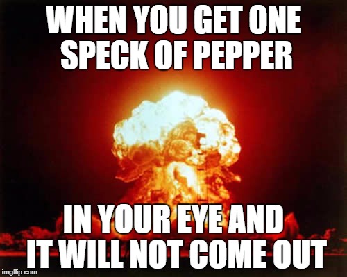 Nuclear Explosion Meme | WHEN YOU GET ONE SPECK OF PEPPER; IN YOUR EYE AND IT WILL NOT COME OUT | image tagged in memes,nuclear explosion | made w/ Imgflip meme maker