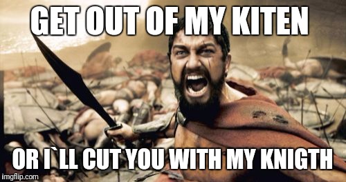 Sparta Leonidas Meme | GET OUT OF MY KITEN; OR I`LL CUT YOU WITH MY KNIGTH | image tagged in memes,sparta leonidas | made w/ Imgflip meme maker