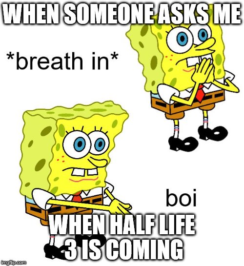 Spongebob Boi | WHEN SOMEONE ASKS ME; WHEN HALF LIFE 3 IS COMING | image tagged in spongebob boi | made w/ Imgflip meme maker