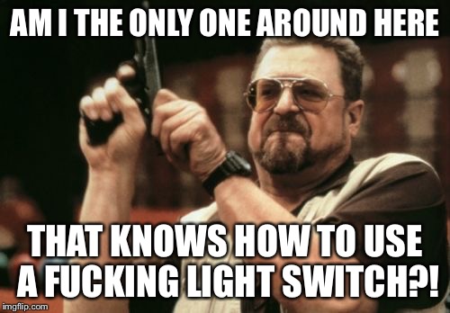 Am I The Only One Around Here Meme | AM I THE ONLY ONE AROUND HERE; THAT KNOWS HOW TO USE A FUCKING LIGHT SWITCH?! | image tagged in memes,am i the only one around here | made w/ Imgflip meme maker