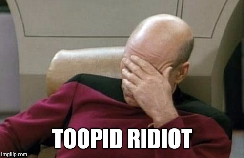 Captain Picard Facepalm Meme | TOOPID RIDIOT | image tagged in memes,captain picard facepalm | made w/ Imgflip meme maker