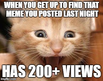 Sweet Surprise | WHEN YOU GET UP TO FIND THAT MEME YOU POSTED LAST NIGHT; HAS 200+ VIEWS | image tagged in memes,excited cat,likes | made w/ Imgflip meme maker
