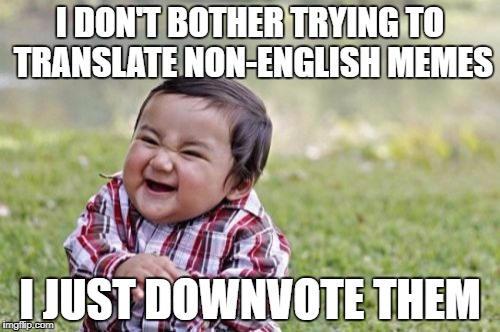 Meh, they do go against imgFlip's policy. | I DON'T BOTHER TRYING TO TRANSLATE NON-ENGLISH MEMES; I JUST DOWNVOTE THEM | image tagged in memes,evil toddler,funny,meanwhile on imgflip,dank memes,disaster girl | made w/ Imgflip meme maker