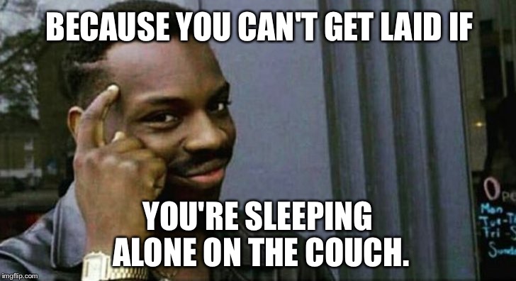 Sex therapy couch | BECAUSE YOU CAN'T GET LAID IF; YOU'RE SLEEPING ALONE ON THE COUCH. | image tagged in you can't x if you x,sex jokes,sleeping on couch,husband wife,getting laid,think about it | made w/ Imgflip meme maker