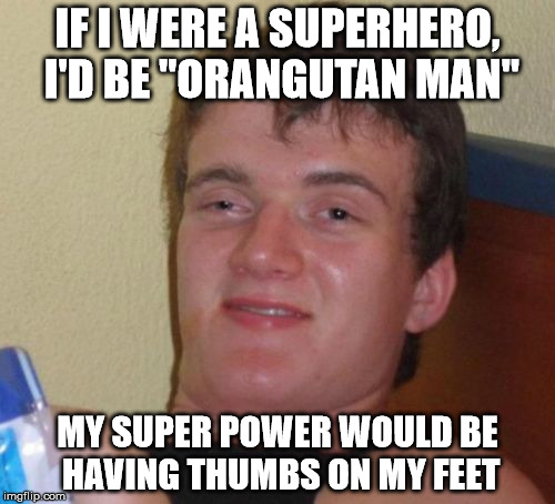 Pretty nifty, if you ask me. | IF I WERE A SUPERHERO, I'D BE "ORANGUTAN MAN"; MY SUPER POWER WOULD BE HAVING THUMBS ON MY FEET | image tagged in memes,10 guy,superhero,orangutan | made w/ Imgflip meme maker
