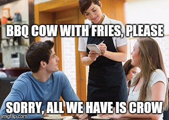 Memes | BBQ COW WITH FRIES, PLEASE SORRY, ALL WE HAVE IS CROW | image tagged in memes | made w/ Imgflip meme maker