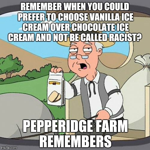 I don't know WHY this is seriously a thing! I don't understand! | REMEMBER WHEN YOU COULD PREFER TO CHOOSE VANILLA ICE CREAM OVER CHOCOLATE ICE CREAM AND NOT BE CALLED RACIST? PEPPERIDGE FARM REMEMBERS | image tagged in memes,pepperidge farm remembers | made w/ Imgflip meme maker