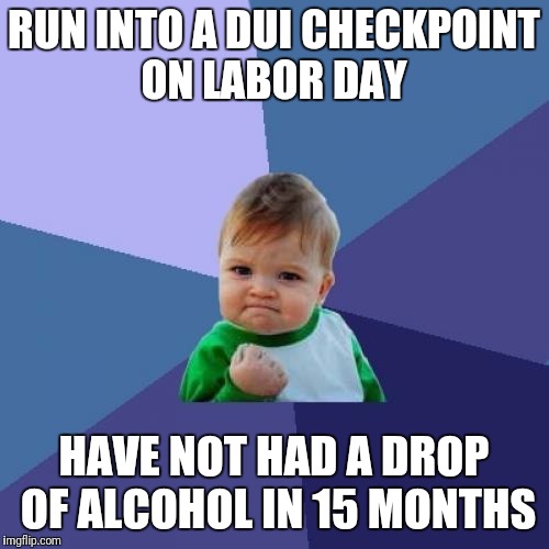 Success Kid Meme | RUN INTO A DUI CHECKPOINT ON LABOR DAY; HAVE NOT HAD A DROP OF ALCOHOL IN 15 MONTHS | image tagged in memes,success kid | made w/ Imgflip meme maker