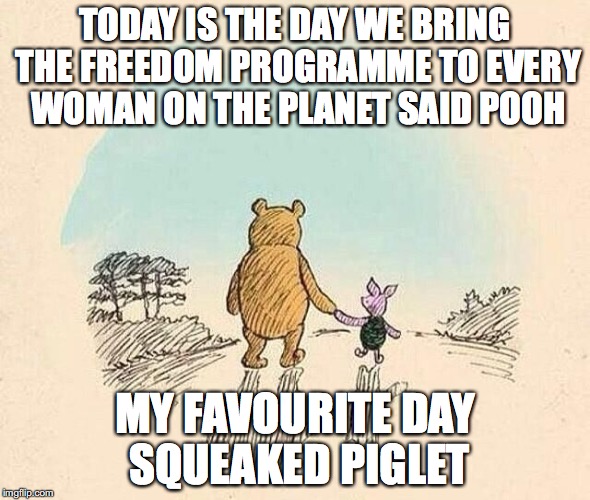 Pooh and Piglet | TODAY IS THE DAY WE BRING THE FREEDOM PROGRAMME TO EVERY WOMAN ON THE PLANET SAID POOH; MY FAVOURITE DAY SQUEAKED PIGLET | image tagged in pooh and piglet | made w/ Imgflip meme maker
