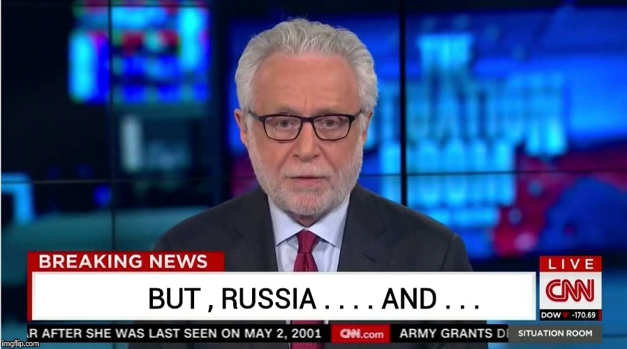 BUT , RUSSIA . . . . AND . . . | image tagged in corporate stooge | made w/ Imgflip meme maker