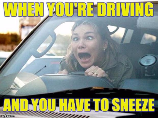 The face you make |  WHEN YOU'RE DRIVING; AND YOU HAVE TO SNEEZE | image tagged in woman driver,the face you make | made w/ Imgflip meme maker