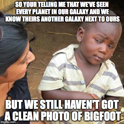 Stupid Bigfoot.... | SO YOUR TELLING ME THAT WE'VE SEEN EVERY PLANET IN OUR GALAXY AND WE KNOW THEIRS ANOTHER GALAXY NEXT TO OURS; BUT WE STILL HAVEN'T GOT A CLEAN PHOTO OF BIGFOOT | image tagged in memes,third world skeptical kid | made w/ Imgflip meme maker