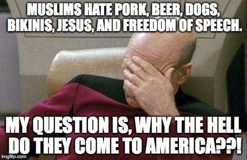 Captain Picard Facepalm Meme | MUSLIMS HATE PORK, BEER, DOGS, BIKINIS, JESUS, AND FREEDOM OF SPEECH. MY QUESTION IS, WHY THE HELL DO THEY COME TO AMERICA??! | image tagged in memes,captain picard facepalm | made w/ Imgflip meme maker