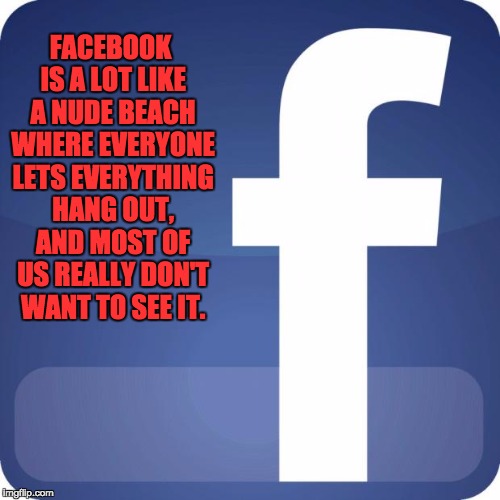 facebook | FACEBOOK IS A LOT LIKE A NUDE BEACH WHERE EVERYONE LETS EVERYTHING HANG OUT, AND MOST OF US REALLY DON'T WANT TO SEE IT. | image tagged in facebook | made w/ Imgflip meme maker