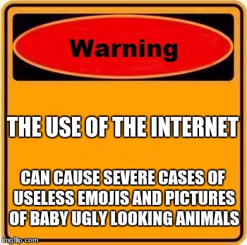 Warning Sign Meme | THE USE OF THE INTERNET; CAN CAUSE SEVERE CASES OF USELESS EMOJIS AND PICTURES OF BABY UGLY LOOKING ANIMALS | image tagged in memes,warning sign | made w/ Imgflip meme maker
