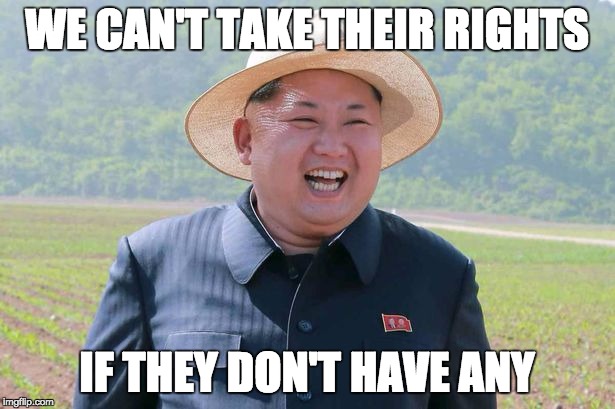 Jim bong uno | WE CAN'T TAKE THEIR RIGHTS; IF THEY DON'T HAVE ANY | image tagged in kim jong un,rights | made w/ Imgflip meme maker
