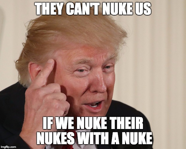 :thinking: | THEY CAN'T NUKE US; IF WE NUKE THEIR NUKES WITH A NUKE | image tagged in trump,donald trump,thinking | made w/ Imgflip meme maker