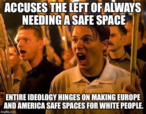 Triggered neo nazi | ACCUSES THE LEFT OF ALWAYS NEEDING A SAFE SPACE; ENTIRE IDEOLOGY HINGES ON MAKING EUROPE AND AMERICA SAFE SPACES FOR WHITE PEOPLE. | image tagged in triggered neo nazi,safe space,charlottesville,alt right | made w/ Imgflip meme maker