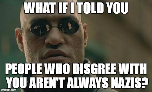Seek first to understand.  Then, explain your point of view.  It's called an intelligent discussion of ideas.  | WHAT IF I TOLD YOU; PEOPLE WHO DISGREE WITH YOU AREN'T ALWAYS NAZIS? | image tagged in hitler,nazi,liberal,conservative,matrix morpheus | made w/ Imgflip meme maker