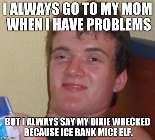 10 Guy Meme | I ALWAYS GO TO MY MOM WHEN I HAVE PROBLEMS; BUT I ALWAYS SAY MY DIXIE WRECKED BECAUSE ICE BANK MICE ELF. | image tagged in memes,10 guy | made w/ Imgflip meme maker