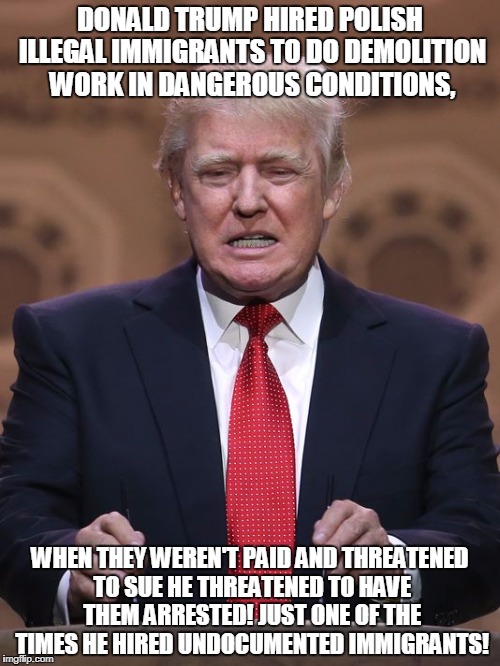 Donald Trump | DONALD TRUMP HIRED POLISH ILLEGAL IMMIGRANTS TO DO DEMOLITION WORK IN DANGEROUS CONDITIONS, WHEN THEY WEREN'T PAID AND THREATENED TO SUE HE THREATENED TO HAVE THEM ARRESTED! JUST ONE OF THE TIMES HE HIRED UNDOCUMENTED IMMIGRANTS! | image tagged in donald trump | made w/ Imgflip meme maker