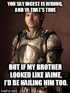 Sir Jaime | YOU SAY INCEST IS WRONG, AND YA THAT'S TRUE; BUT IF MY BROTHER LOOKED LIKE JAIME, I'D BE NAILING HIM TOO. | image tagged in sir jaime | made w/ Imgflip meme maker