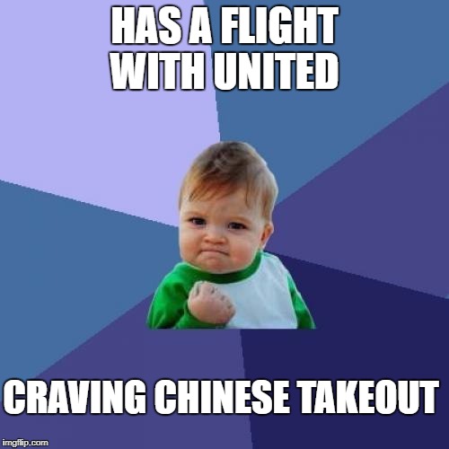 Success Kid Meme | HAS A FLIGHT WITH UNITED; CRAVING CHINESE TAKEOUT | image tagged in memes,success kid | made w/ Imgflip meme maker