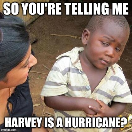 Third World Skeptical Kid | SO YOU'RE TELLING ME; HARVEY IS A HURRICANE? | image tagged in memes,third world skeptical kid | made w/ Imgflip meme maker