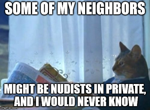 I Should Buy A Boat Cat Meme | SOME OF MY NEIGHBORS; MIGHT BE NUDISTS IN PRIVATE, AND I WOULD NEVER KNOW | image tagged in memes,i should buy a boat cat | made w/ Imgflip meme maker