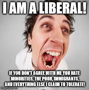 I AM A LIBERAL! IF YOU DON'T AGREE WITH ME YOU HATE MINORITIES, THE POOR, IMMIGRANTS, AND EVERYTHING ELSE I CLAIM TO TOLERATE! | image tagged in democrats,stupid liberals | made w/ Imgflip meme maker