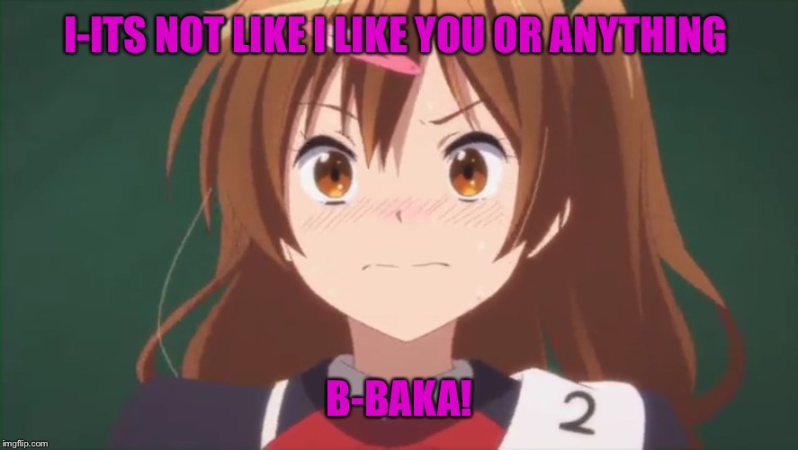 Tsundere | I-ITS NOT LIKE I LIKE YOU OR ANYTHING; B-BAKA! | image tagged in tsundere | made w/ Imgflip meme maker