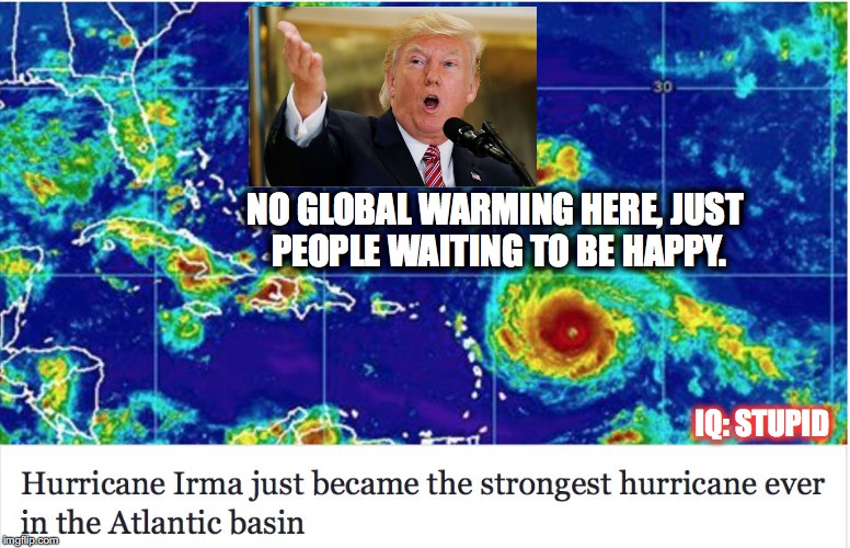 Hurricane and trump and global warming | NO GLOBAL WARMING HERE, JUST PEOPLE WAITING TO BE HAPPY. IQ: STUPID | image tagged in hurricane and trump and global warming | made w/ Imgflip meme maker