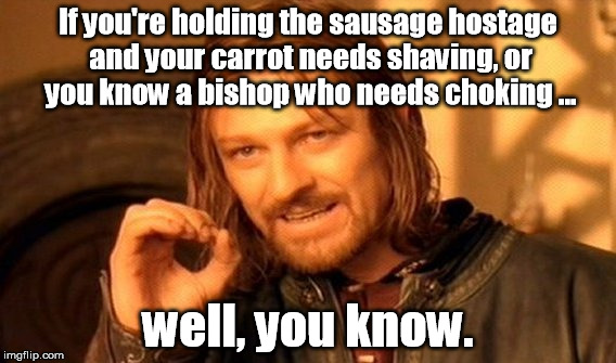 One Does Not Simply Meme | If you're holding the sausage hostage and your carrot needs shaving, or you know a bishop who needs choking ... well, you know. | image tagged in memes,one does not simply | made w/ Imgflip meme maker
