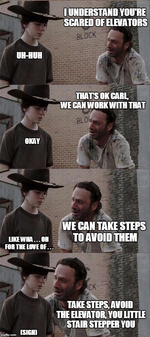 Rick and Carl Long Meme | I UNDERSTAND YOU'RE SCARED OF ELEVATORS; UH-HUH; THAT'S OK CARL, WE CAN WORK WITH THAT; OKAY; WE CAN TAKE STEPS TO AVOID THEM; LIKE WHA . . . OH FOR THE LOVE OF . . . TAKE STEPS, AVOID THE ELEVATOR, YOU LITTLE STAIR STEPPER YOU; (SIGH) | image tagged in memes,rick and carl long | made w/ Imgflip meme maker